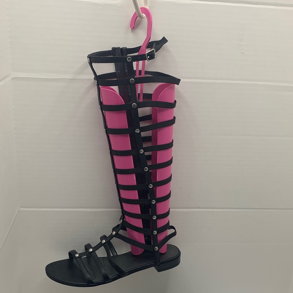 Stuart Weitzman Black Gladiator Sandals with Pink Accent